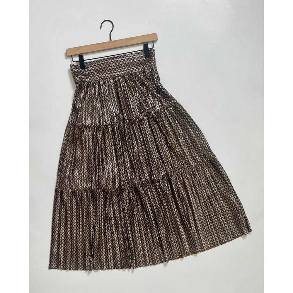 BA&SH Pleated Jupe Poly Midi Skirt Chevron Stripe Foil Metallic Tiered Size 6 - Picture 3 of 16